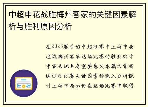 中超申花战胜梅州客家的关键因素解析与胜利原因分析