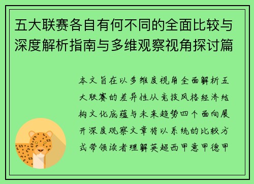五大联赛各自有何不同的全面比较与深度解析指南与多维观察视角探讨篇 五大联赛各自有何不同的全面比较与深度解析指南与多维观察视角探讨篇