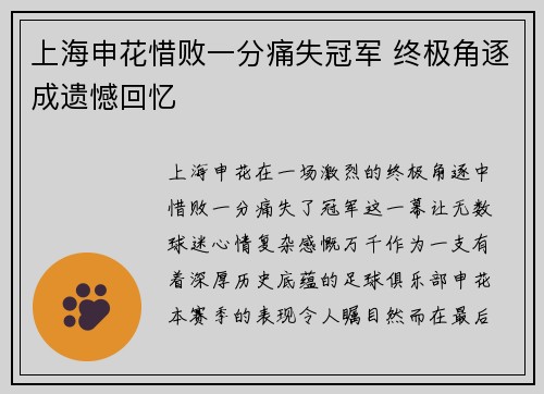 上海申花惜败一分痛失冠军 终极角逐成遗憾回忆 上海申花惜败一分痛失冠军 终极角逐成遗憾回忆